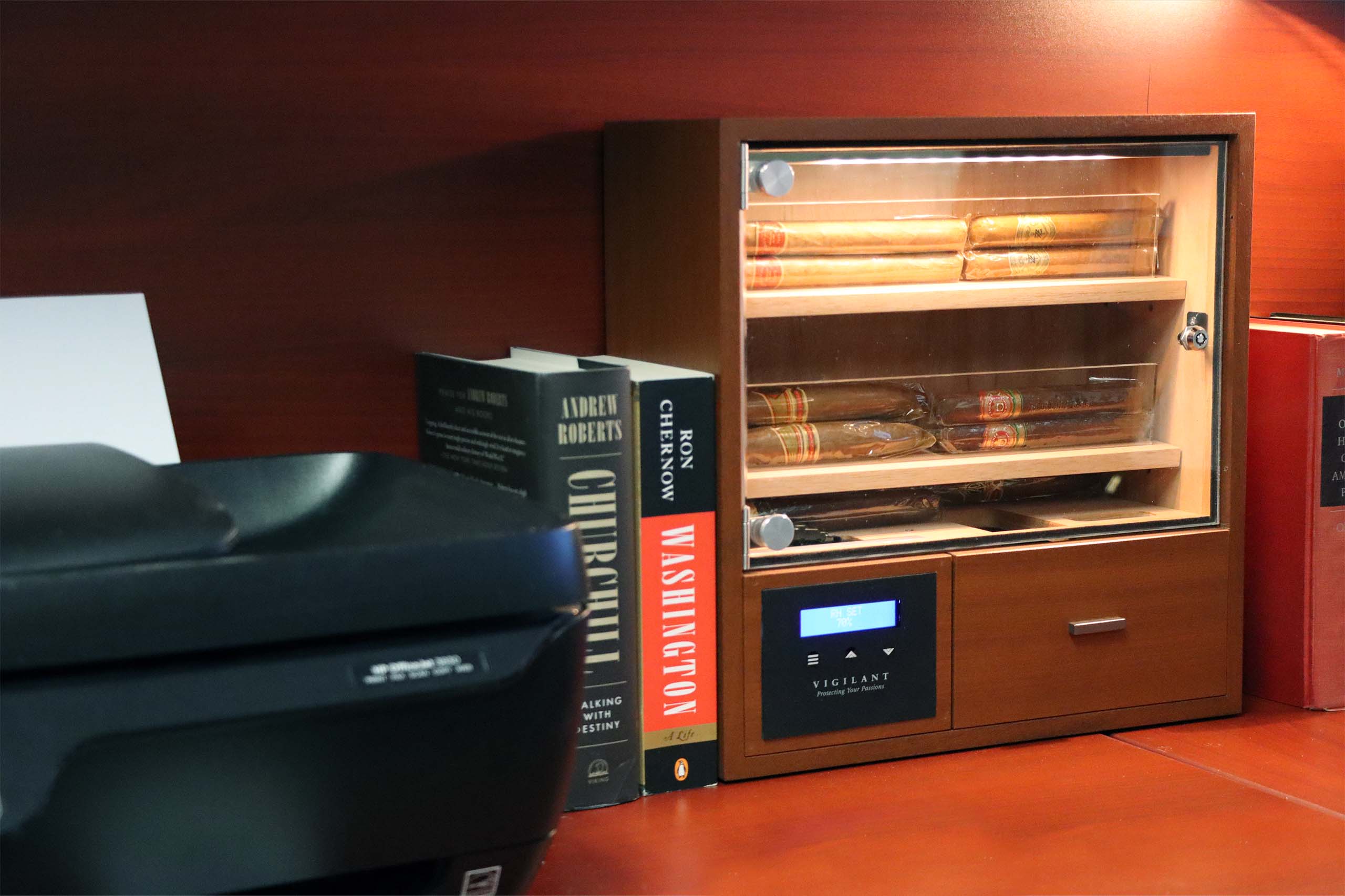 HumiDoor 75 Desktop Humidor in Mahogany Vigilant Inc. 1 in Wine