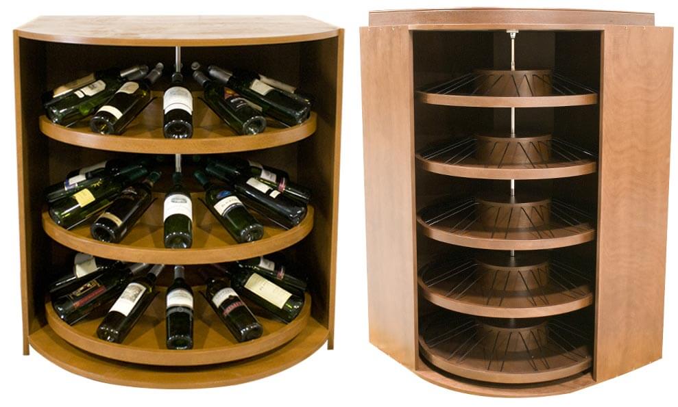 Vigilant Rotating Wine Racks - a tower of rotating wine shelves to maximize wine storage in an attractive display