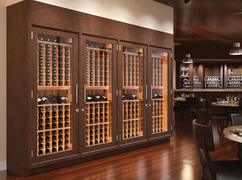 Vigilant quadruple wine cabinet in chestnut stain with a remoted ducted cooling system, entry doors and wooden wine racking bottle storage