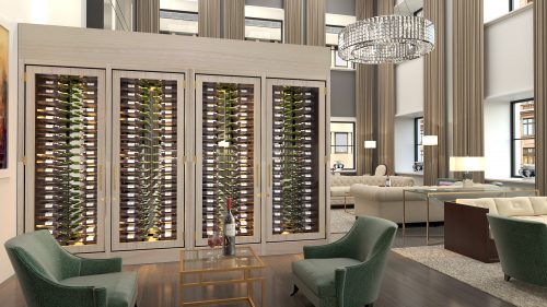 The Ritz Carlton Chicago White Ash, dual sided wine cabinets.