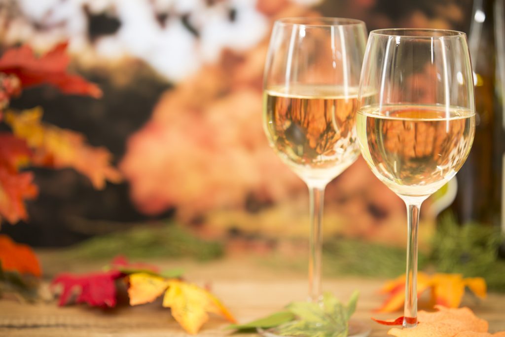 Outdoors wine tasting event in the autumn season. Fall leaves and autumn landscape in background. Two glasses of white wine in foreground. No people.